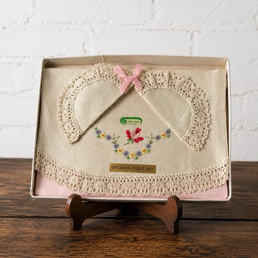 Vintage Irish Linen Dressing‎ Table Set — Hand Embroidered Lace New in Box